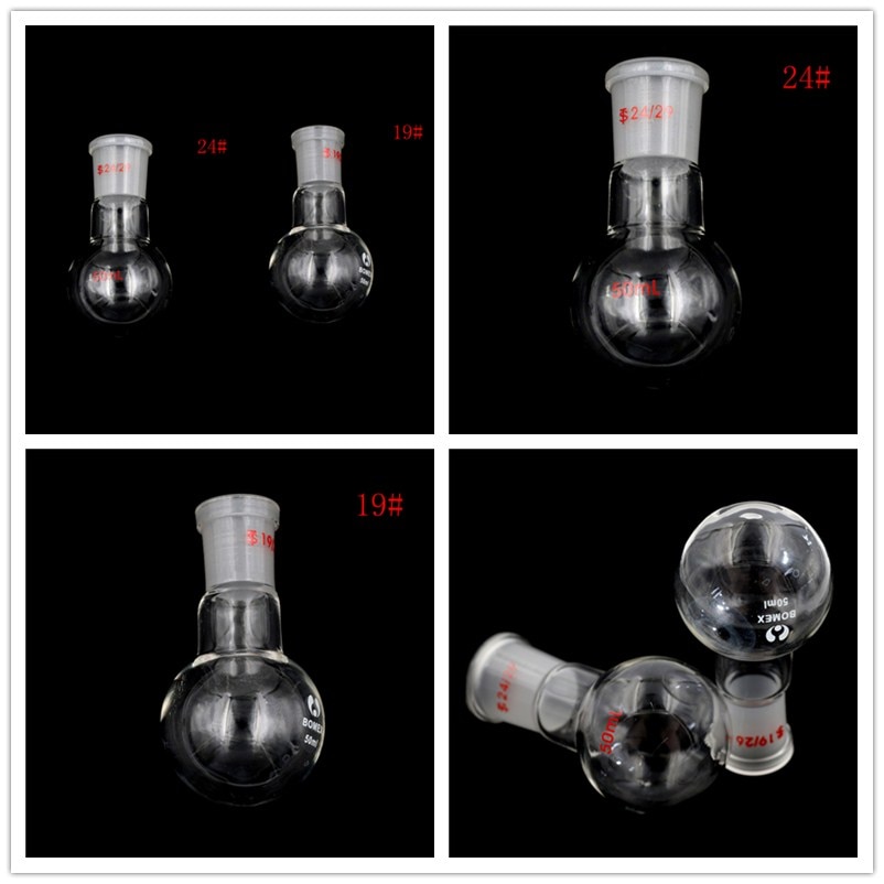 1 Uds matraz de un solo cuello química frasco de ebullición 24/29 19/26 1-Cuello 50ML Cristal de fondo redondo de