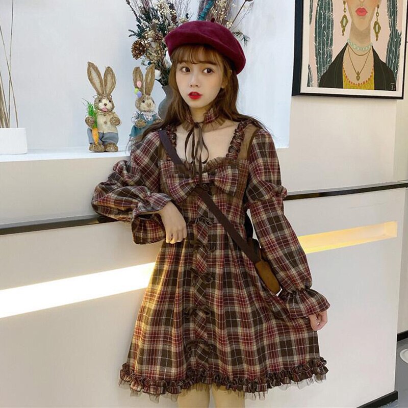 Japanese retro cute student plaid dress long sleeve dress women victorian dress kawaii girl gothic lolita op loli cos cute girl: Default Title