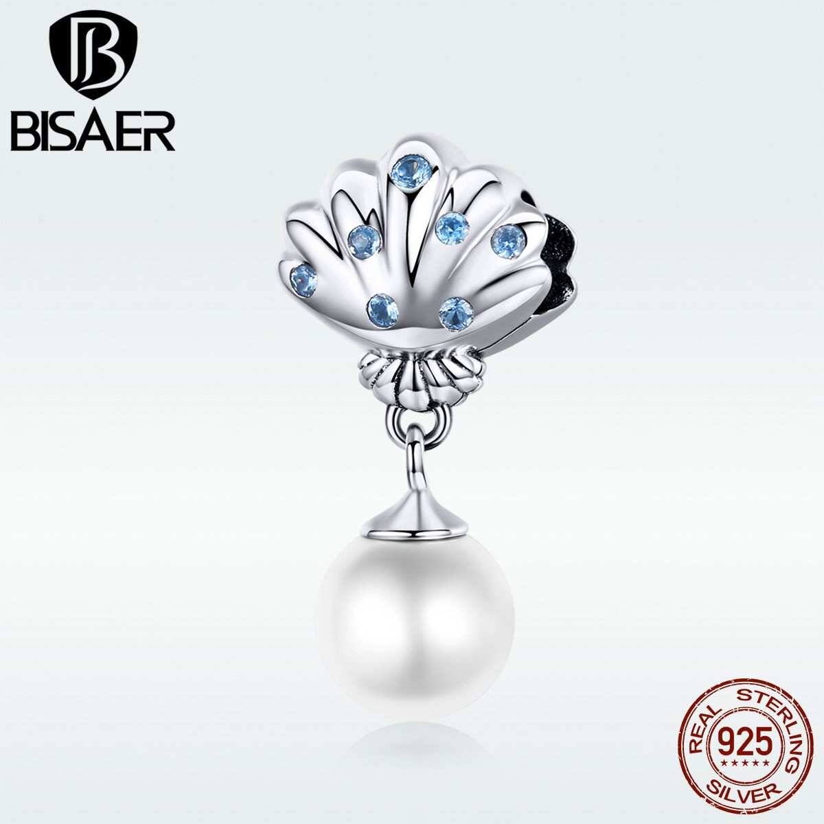 BISAER 100% 925 Sterling Silver Happiness Charms Freshwater Pearl Shell Beads fit for Bracelets DIY Jewelry Mother ECC1155