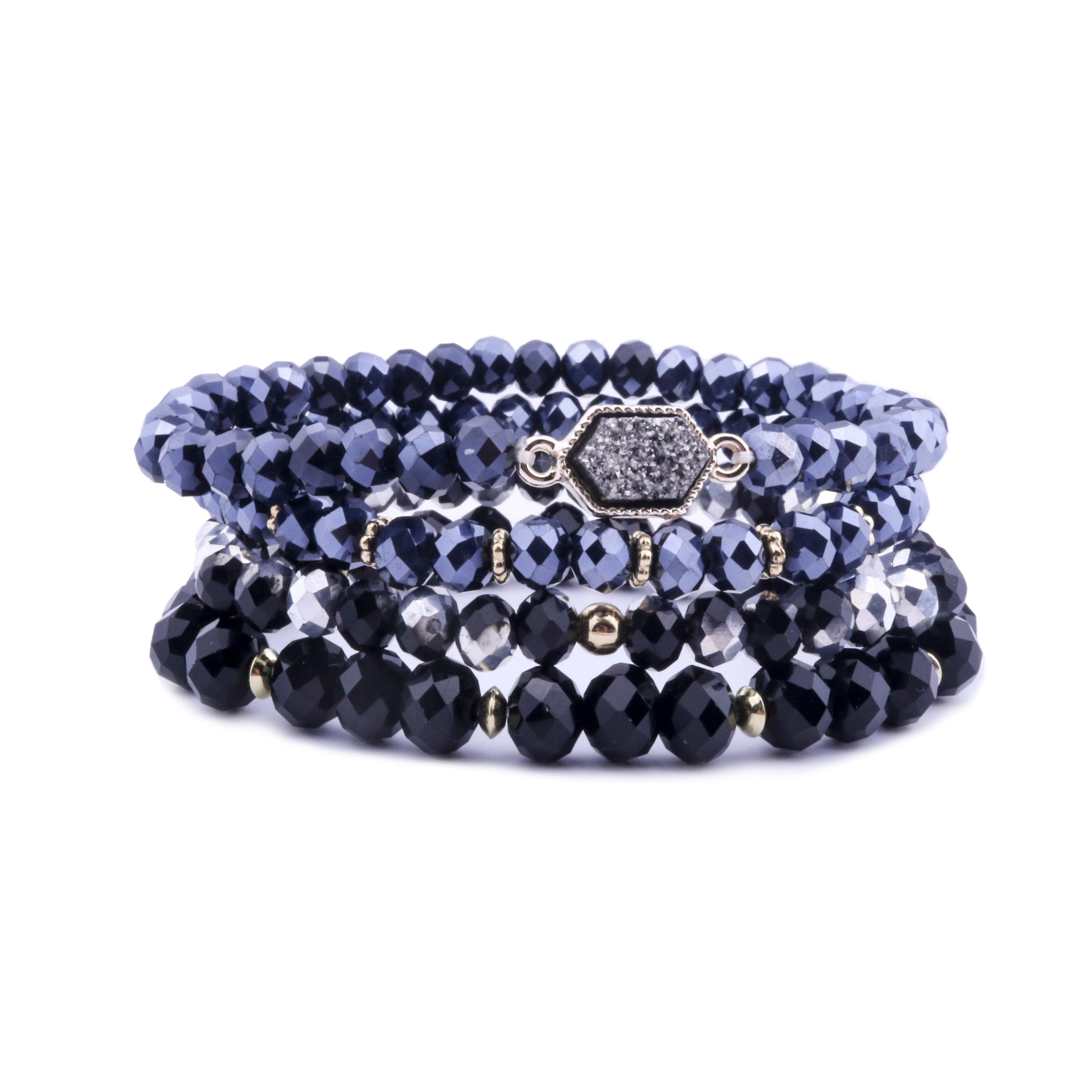 WIW 4 unids/set estirable de cuentas de cristal pulseras combinadas Pack de de las mujeres de alivio del estrés Yoga: Pistola negra plateada