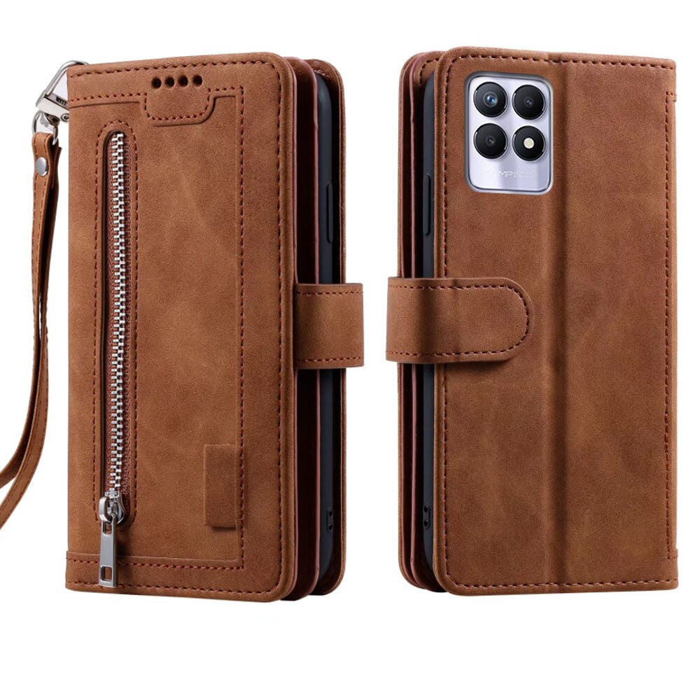 9 Kaarten Wallet Case Voor Realme 8i Case Card Slot Rits Flip Folio Met Polsband Carnaval Voor Realme 8i cover: Brown