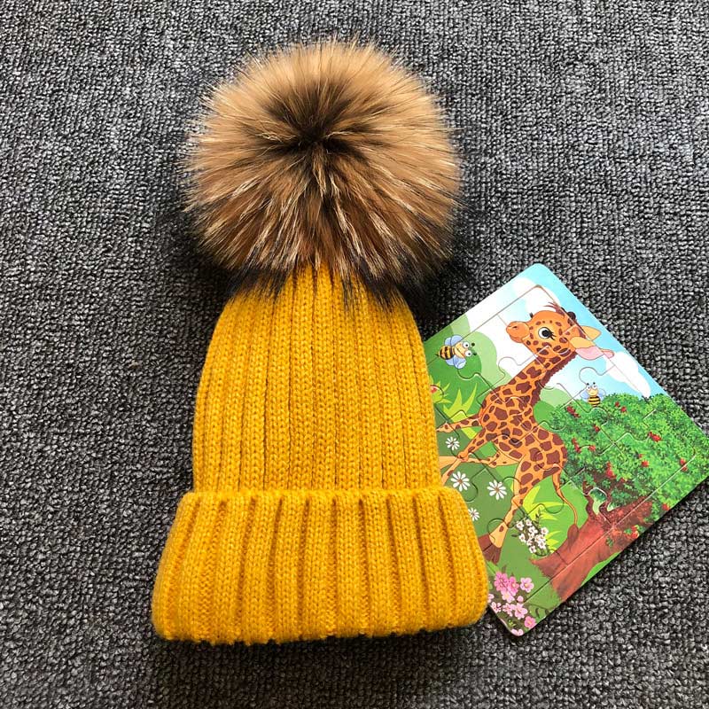 Vinter efterår piger drenge pels pom pom huer hatte bomuld hue hue til baby dejlige strikhuer med pels pompon hatte børn: Gul / Til børnestørrelse 46-53