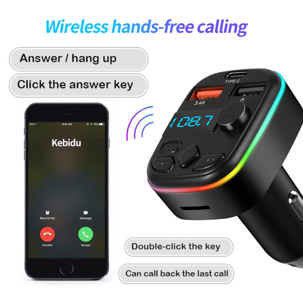 Auto Bluetooth 5.0 Fm-zender Handsfree Carkit Met PD 20W Type-C Dual USB 3.4A Snelle oplader Omgevingslicht Sigarettenaansteker