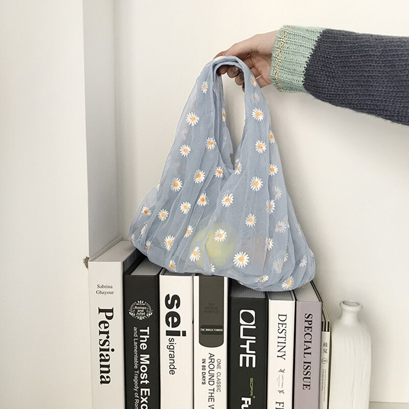 Kleine transparante tas van mesh stof voor dames, handtas met borduurwerk van madeliefjes, eco-bloemkunst, mesh tas, portemonnee voor meisjes