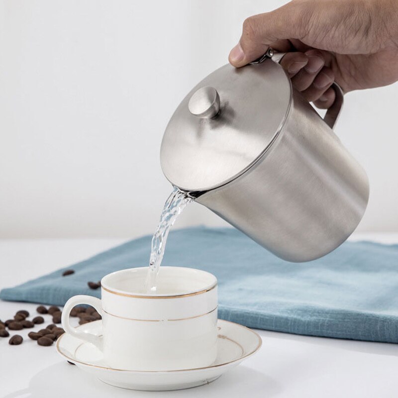 Milk Frothing Pitcher Jug with Lid and Measurment - Upgraded Thicken 304 Stainless Steel Measuring Cups Coffee Foam Container