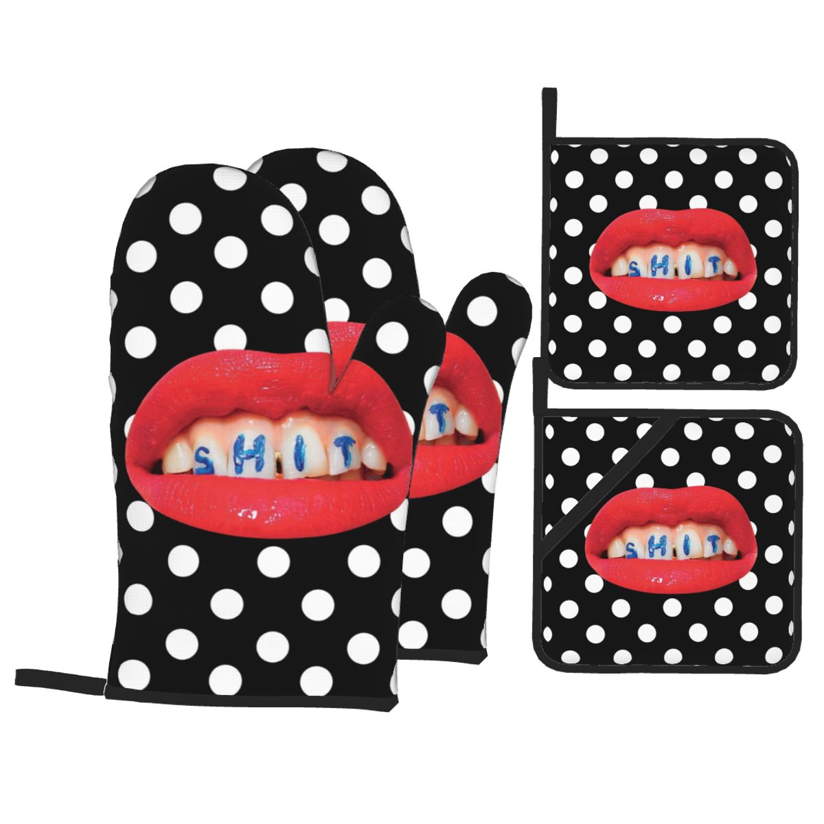 Sexy Red Lips Oven Mitts and Pot Holders Sets of 4 for Cooking Baking Heat Resistant Funny Kitchen BBQ Gloves Potholders: WHITE