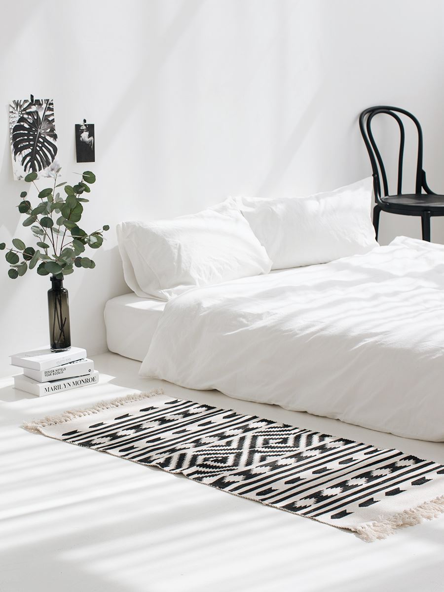 Kilim tapis moderne à rayures | Tapis de salon 100% coton, tapis géométrique indien, noir blanc, contemporain, style nordique de bohémien