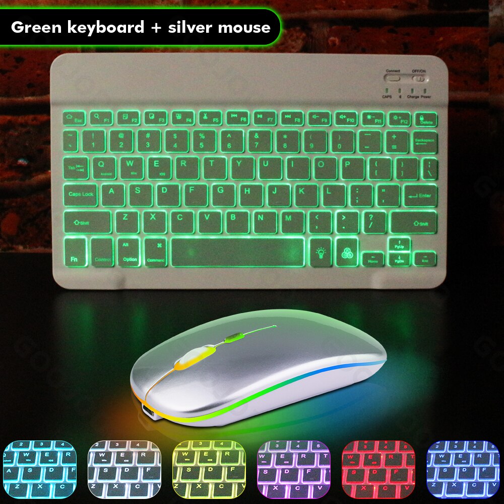 10inch Rainbow Backlit Keyboard For iPad Phone Tablet Bluetooth Keyboard For IOS Android Windows Wireless Keyboard and Mouse Set: Green B