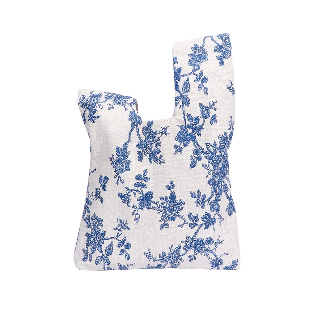 Sac à poignet Style japonais en toile de coton Simple avec nœud, sac à main à grille de fleurs, sac de marche avec clés de téléphone portable, déjeuner: blue