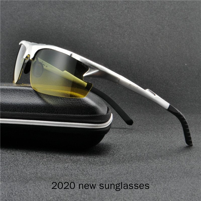 Firkantede nattesyn briller mænd aluminium gule linser solbriller mænd polariserede nat kørselsbriller  uv400 nx: Sølvgrøn gul