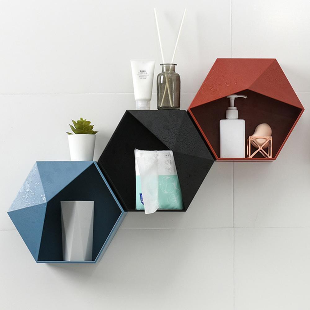 Nordique salon mural géométrique sans poinçon décoration murale salle de bain étagère salon décoration hexagone étagère de rangement