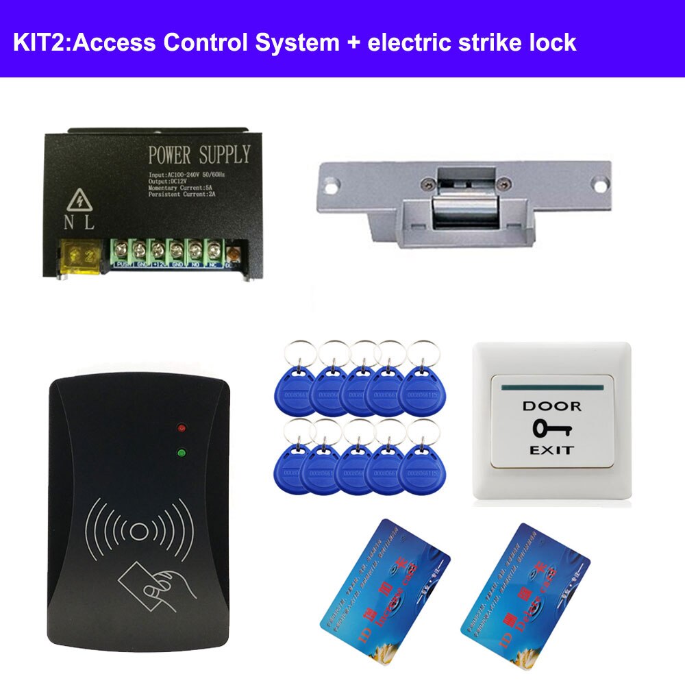 completed door access control system kit power supply+electric lock+exit button+10pcs ID key cards 2000 users IR remote switch: KIT2