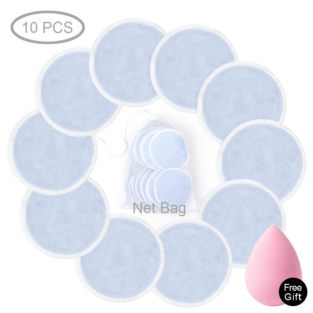 Toallitas limpiadoras reutilizables de algodón para maquillaje, desmaquillantes, lavables, de tres capas, de bambú suave con bolsa de lavandería de malla, herramienta de maquillaje: 10pcs Blue with bag
