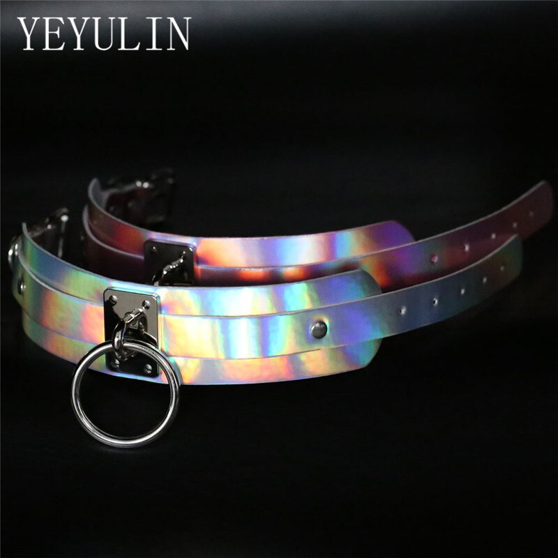 Punk Style Gothic Handcrafted Chic Holographic Choker Necklace With Gold Metal Round Circle Charm Chocker Collar Jewelry