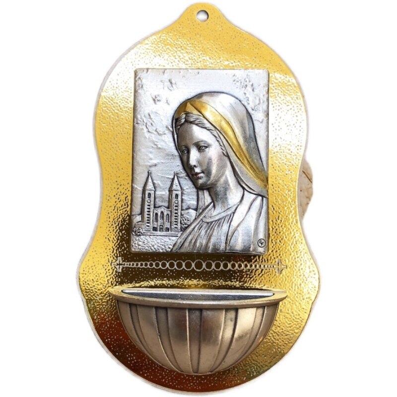 Muur Opknoping Onze Dame Van Lourdes Standbeeld Heilige Water Zwembad 12 × 7.5Cm Houten En Legering Articulos Religiosos Catolico kerk Massa