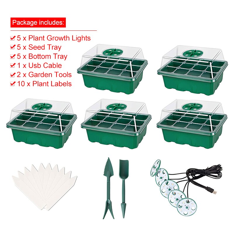5Pack Greenhouse Planter Box Kit 12 Holes Nursery Pot Plant Seedling Tray with Growth Light Garden Cultivation Seeding Plant Pot: Green