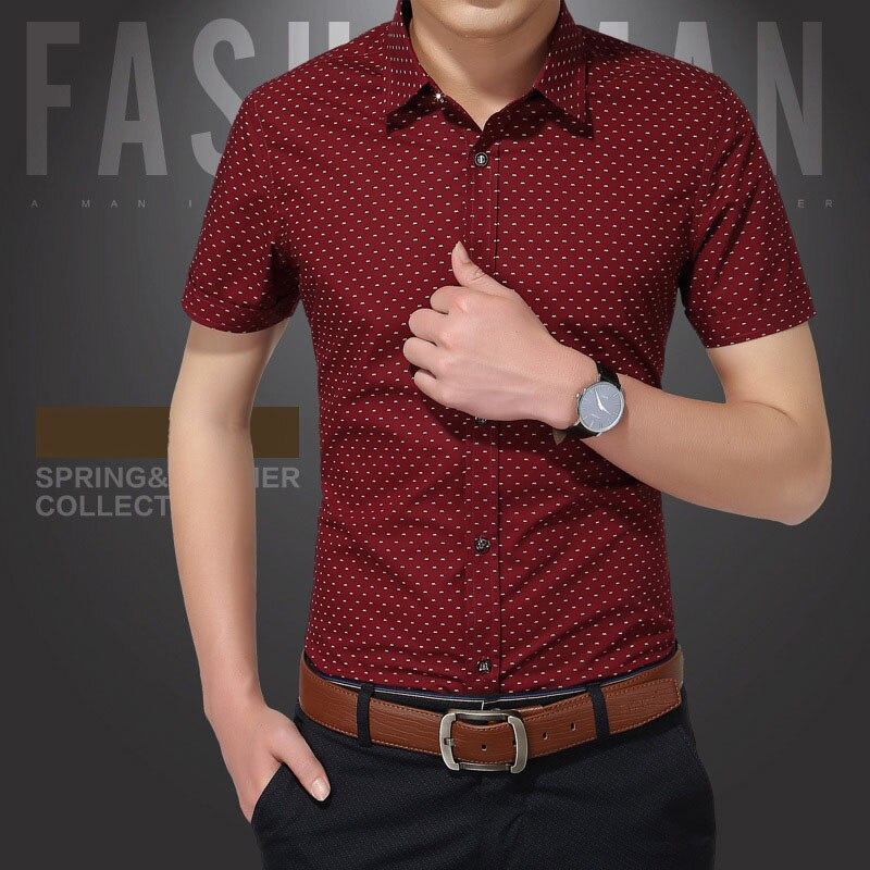 Summer Clothing Men Short Sleeve Shirt Polka Dot Slim Fit Shirt Casual Shirts Men Plus Size: Red wine / M