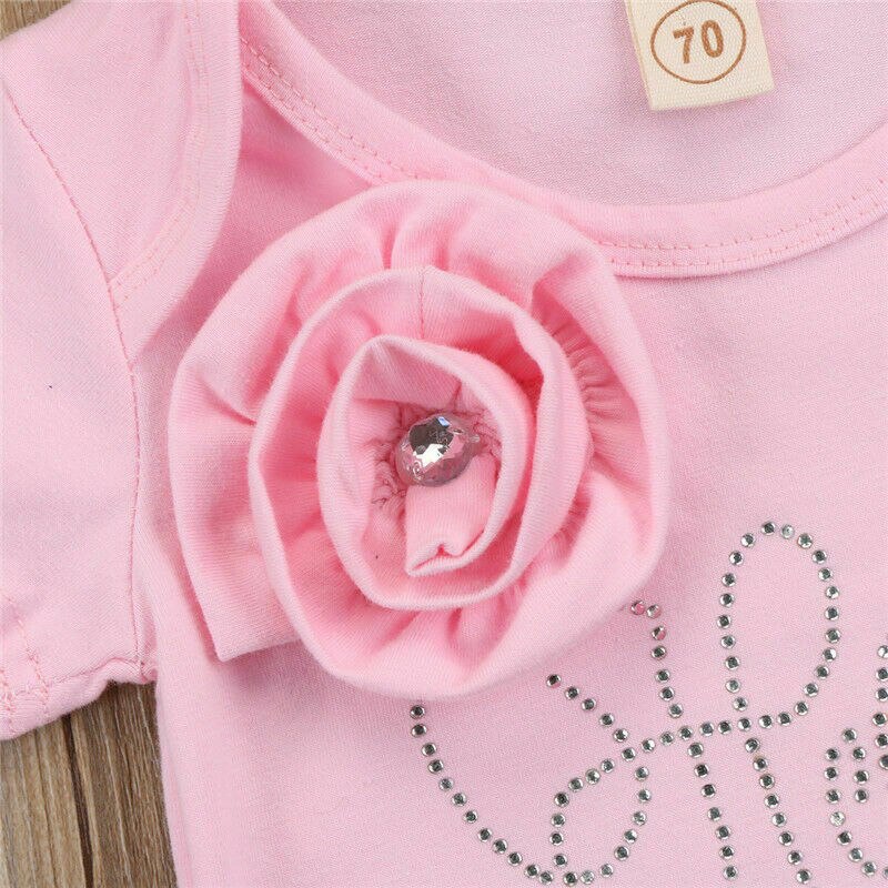 Newborn Baby Girls Flower Romper Jumpsuit Pink Short Sleeve Bell-Bottom Rompers Toddler Headband Outfits Clothes