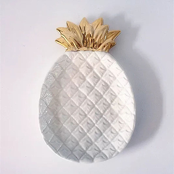 Gold white Pineapple Leaf Ceramic Plate Dish Porcelain Candy Trinket Dish Jewelry Storage Plate Crockery Tableware Decorative: white