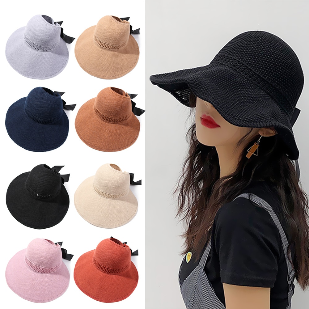 Cappello da spiaggia pieghevole portatile 2021 nuovo cappello da sole a tesa larga Bowknot visiera Casual estiva con cappuccio in paglia per cappello da donna con secchiello