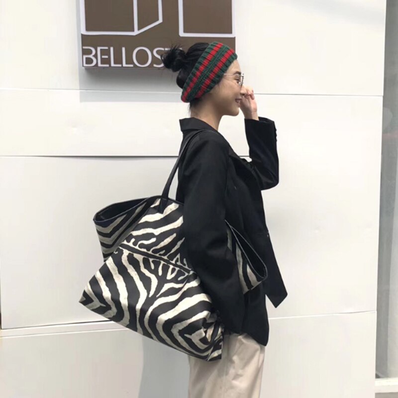 Bolsa listrada de ombro feminina, bolsa casual de mão com grande capacidade, estampada, zebra, nova, 2020