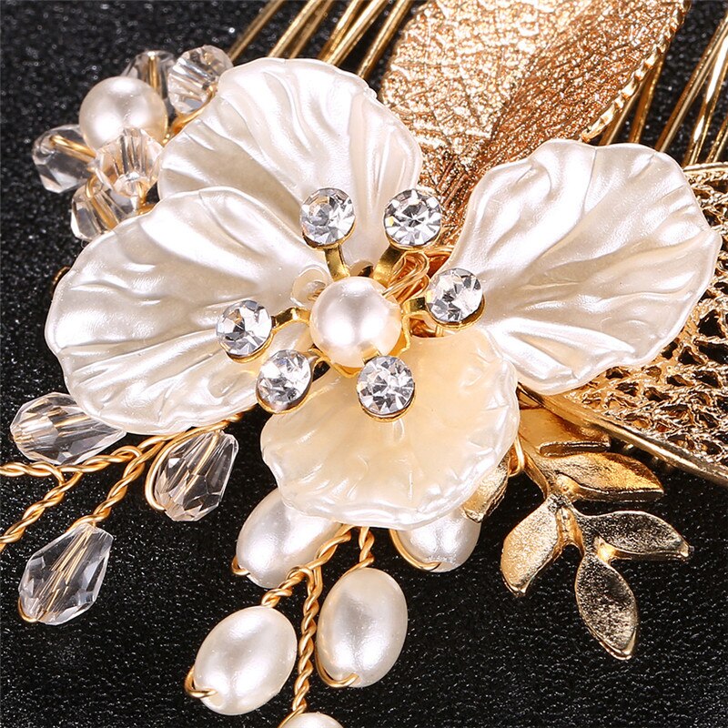 Okily Trendy Handgemaakte Goud Kleur Hollow Out Leaf Parel Haar Kammen Voor Vrouwen Shell Bloem Bruidsmeisje Hoofd Accessoires