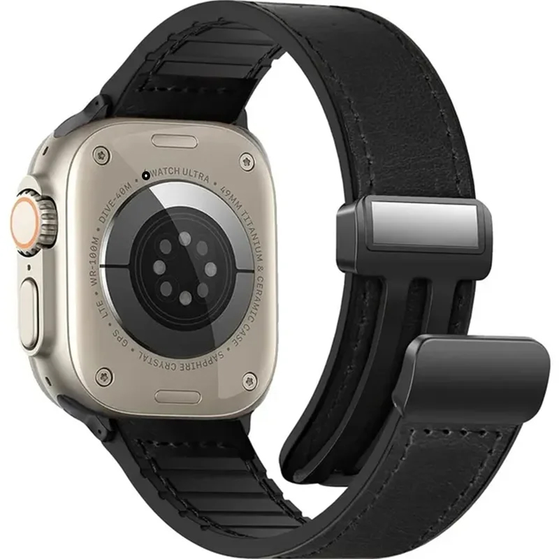 Siliconen + lederen band voor Apple Watch Band 49mm 44/42/45/38/40/41mm accessoires armband voor iWatch Ultra Series 9 8 7 SE 6 5: S / Black Yellow