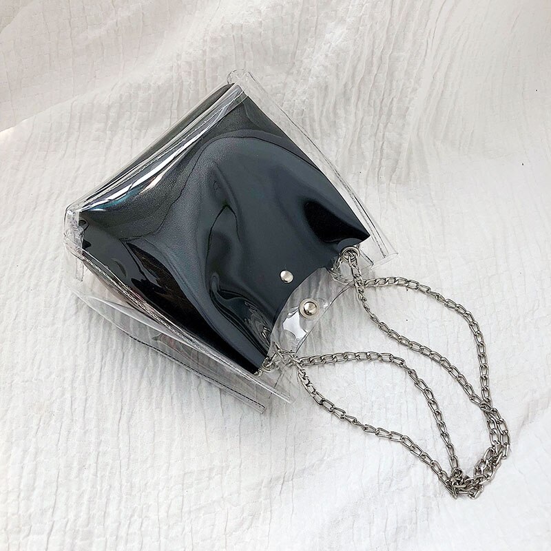 Ljl kvinner små bøtteposer plast gjennomsiktig totes kompositt kjede bag kvinnelige mini gelé håndvesker