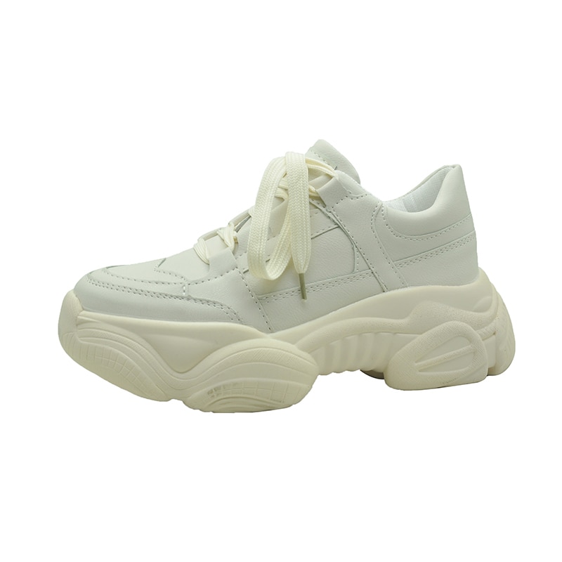 Kvinder hvide sneakers platform chunky sko dame kurv kvindelige sneakers læder snøre afslappet sko kvinde: Beige / 38