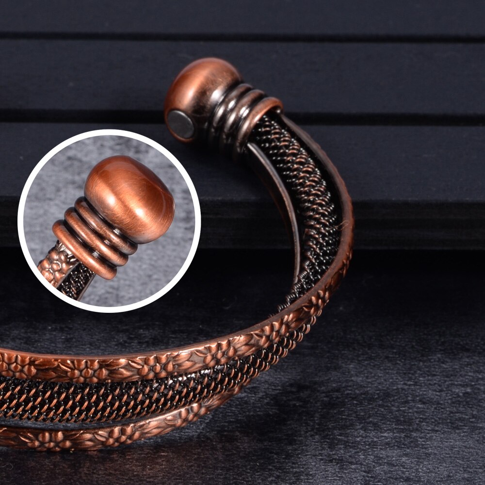 Pulseira de cobre puro torcido flores vintage magnéticas, bracelete de energia saudável, benefícios ajustáveis, pulseiras abertas para homens