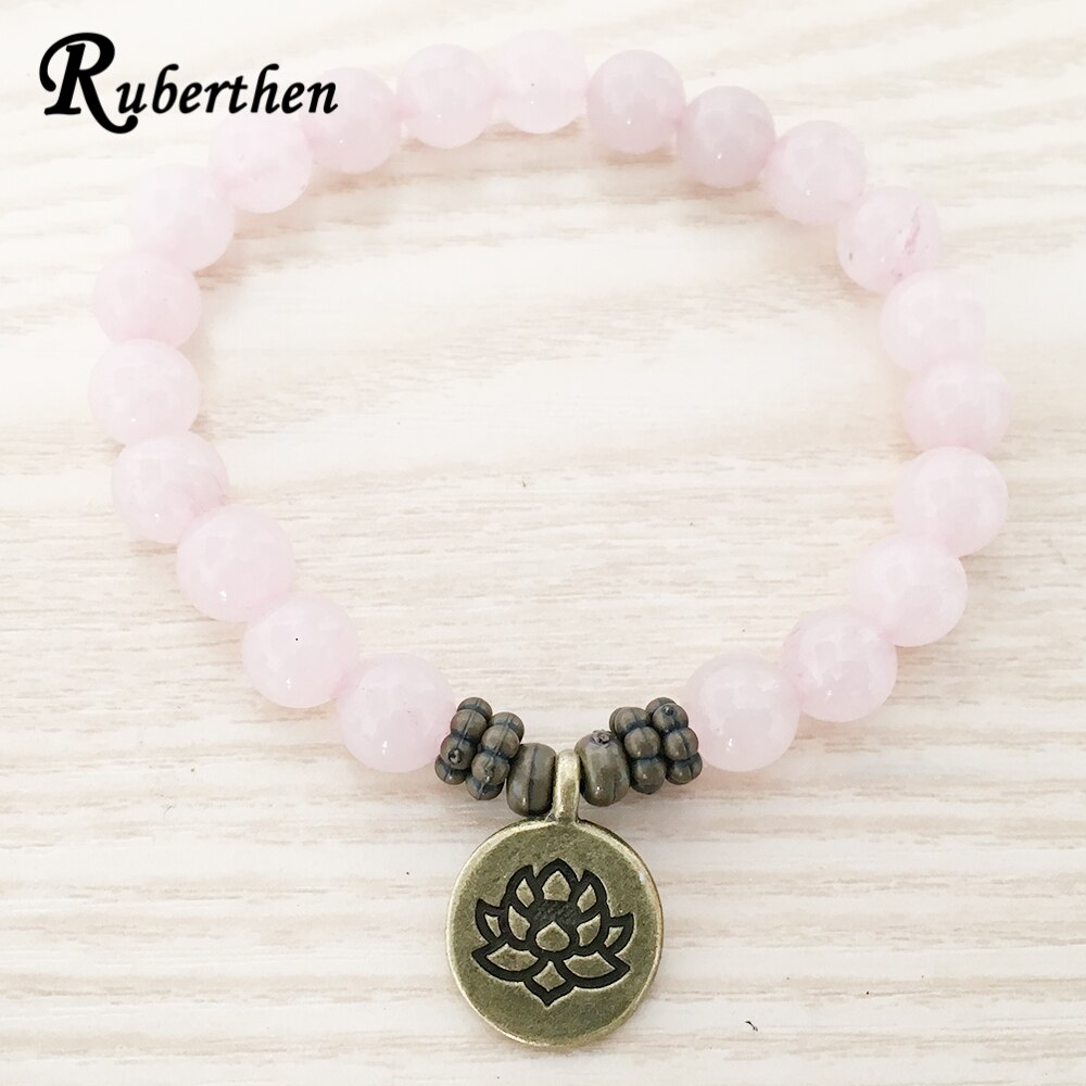 Ruberthen Genuine Natural Rose Stone Bracelet Antique Brass Om Lotus Charm Bracelet Yogi