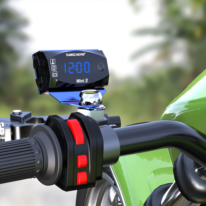 Voltímetro 3 en 1 para motocicleta, pantalla electrónica LED de 12V, muestra el tiempo/temperatura/voltaje, piezas universales para motocicleta