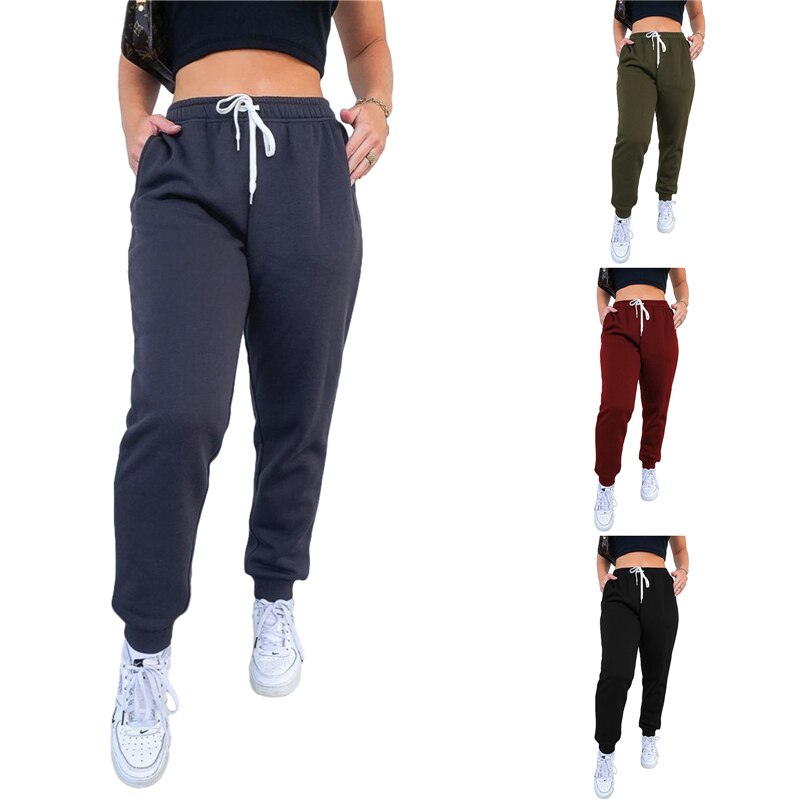 Trend Vrouwen Effen Kleur Broek Volwassenen Casual Stijl Fleece Gevoerde Broek Herfst Bodems Met Trekkoord Zak