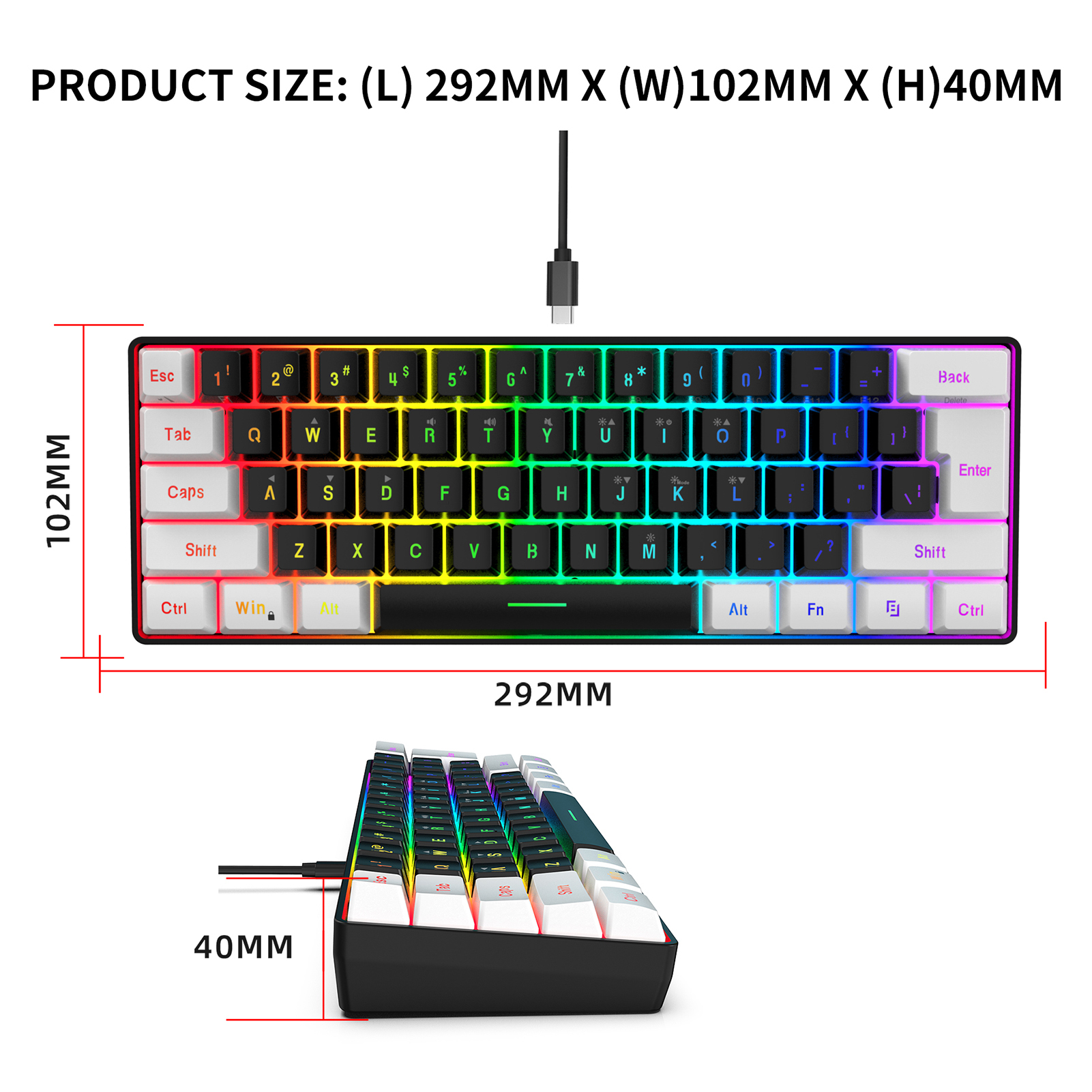 Usb computer keyboard and mouse set, , 61 keys, wired rgb backlighting + wired gaming mouse, colorful led lighting, , 4-- level movement speed