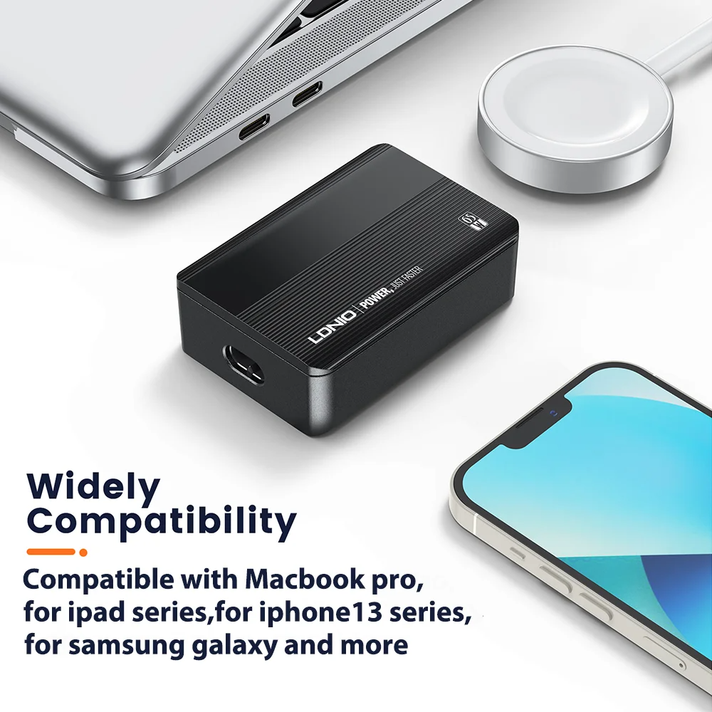 LDNIO 65W Chargeur USB PD QC4.0 4 Ports Type C pour Iphone 15 13 Pro Max Samsung Xiaomi 14 Ordinateur portable Pad Macbook Chargeur de téléphone portable