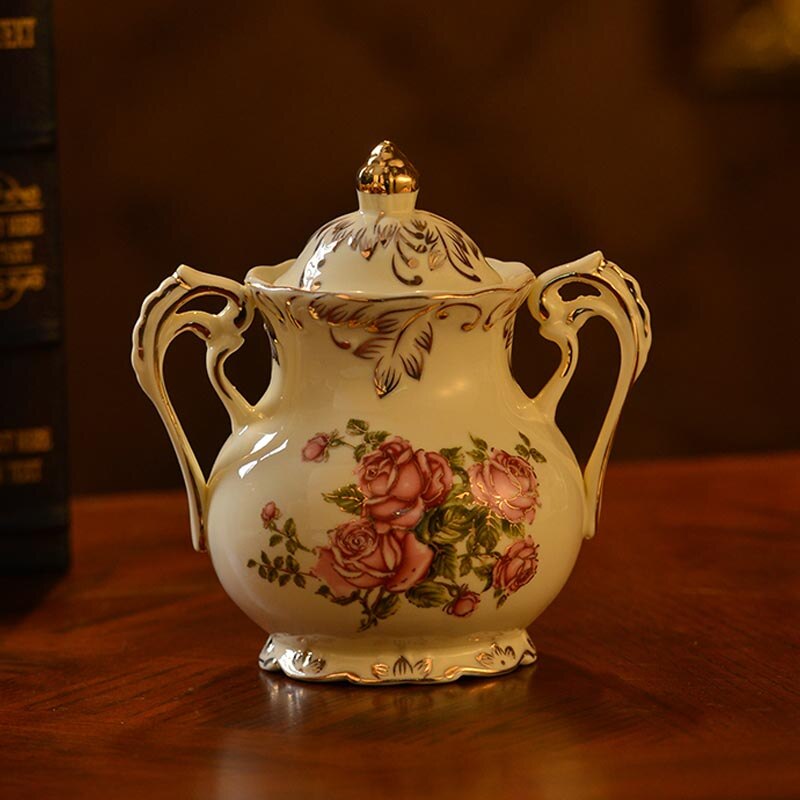 Cuenco de azúcar de porcelana de marfil YeFine, jarra de leche de cerámica, recipientes de almacenamiento de alimentos, herramientas de cocina, accesorios de café y té, flor rosa: Sugar Bowl Rose
