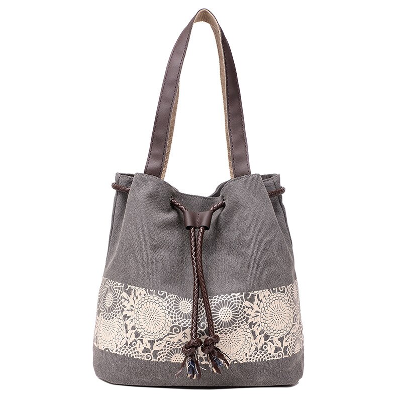 Canvas Women Handbag Large Capacity Shoulder Bucket Bag Drawing String Resuable Shopping Beach Tote Bag Bolsos Mujer: grey