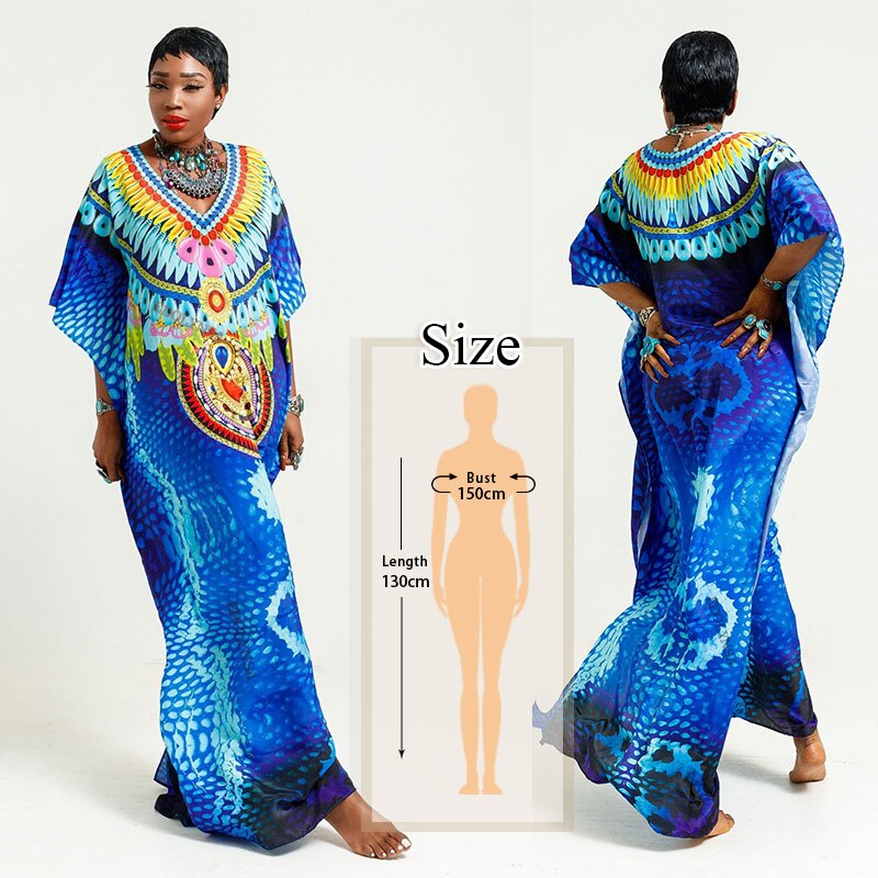 Marokkaanse Kaftan Bohemian Gedrukt Zomer Jurk Lange Katoenen Tuniek Vrouwen Plus Size Beach Wear Badpak Cover Up Robe de Plage