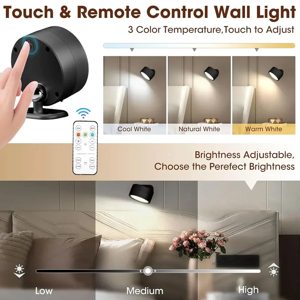LED-Wandleuchte, 3 Helligkeitsstufen, 3 Farbmodi, Wandleuchten, batteriebetrieben, 360° ° Drehbare berühren Kontrolle Wandleuchte