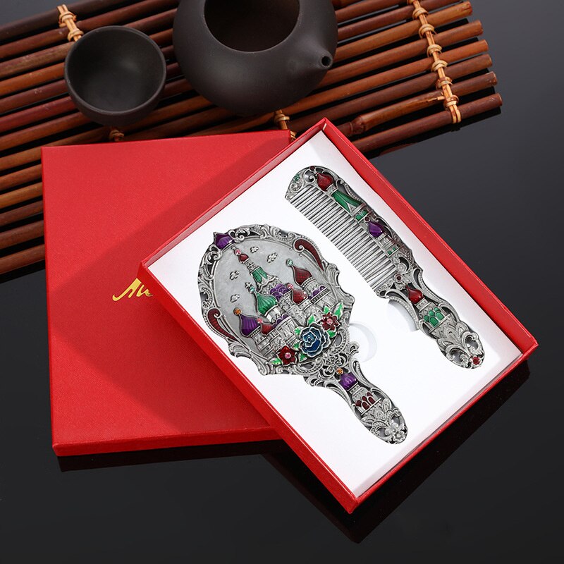 Makijaż lustro chiński Vintage Hollow-out rzeźba Rhinestone lustro zestaw grzebieni z pudełko eleganckie z kieszeniami lustro dla kobiet