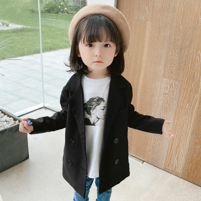 Small Children's Long Girls Blazer Kids Pure Color Double-breasted Casual Blazers Cotton Blend Uniform Toddler Costume Outerwear