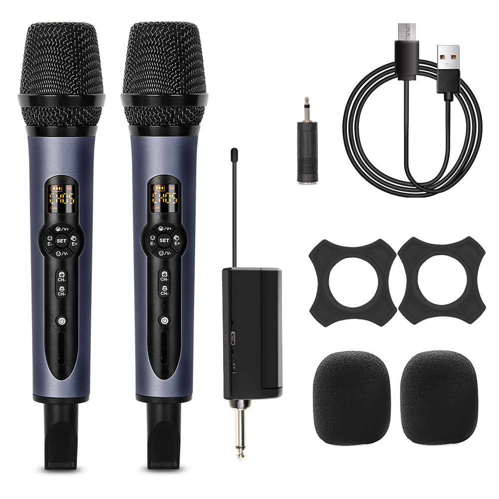 Wireless Microphone 2 Channels UHF Depusheng H2 Dual Handheld Dynamic Karaoke Mic System 50m for Stage Church Party Speaker Meet: GRAY