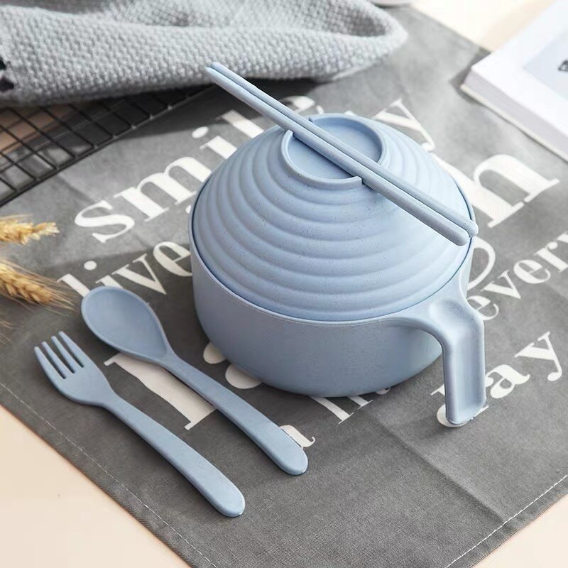 Cuenco de paja de trigo y fideos de estilo japonés, juego de vajilla ecológico con tapa y mango, tazón de sopa, tazón de arroz para ensalada y microondas: Azul