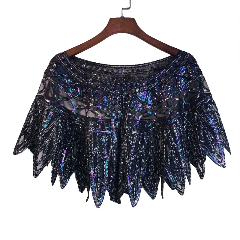 JaneVini, capa de lentejuelas ostentosas y ostentosas para mujer, estolas nupciales con cuentas para boda, chaqueta negra dorada, vestido de noche para , Boleros, tapetes: Black Multicolor