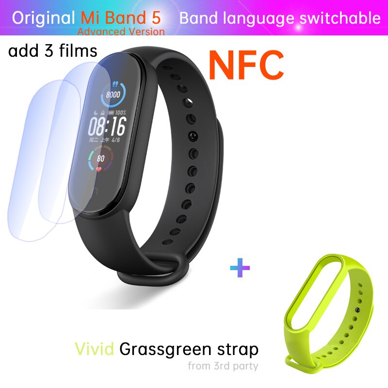 Xiaomi-Pulsera deportiva inteligente Mi Band 5 para mujer, monitor de salud, estándar o NFC, control de estrés, ritmo cardíaco, del sueño, contador de pasos, para deporte fitness y natación, incluye alarma: NFC n film grass