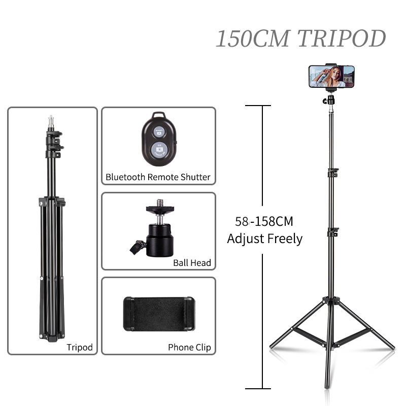 100/150/200cm Selfie treppiede fotografia 1/4 "vite Light Stand estensibile per fotocamera del telefono Softbox Ring Light, con supporto per telefono: Brown
