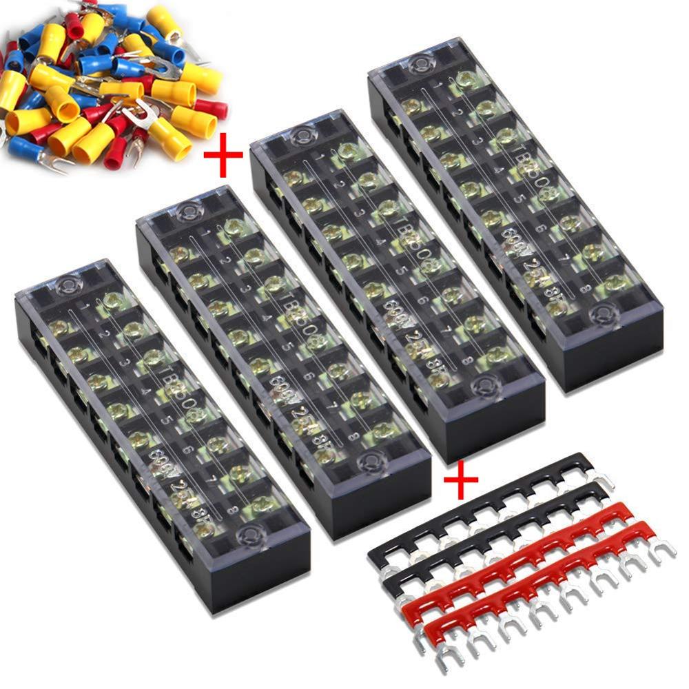 Terminal Block 8 Positions 600V 25A Dual Row Screw Terminals Strip Cover 400V 25A Pre-Insulated Terminal Barrier Jumper Strips: 25A8P ForkConnectors