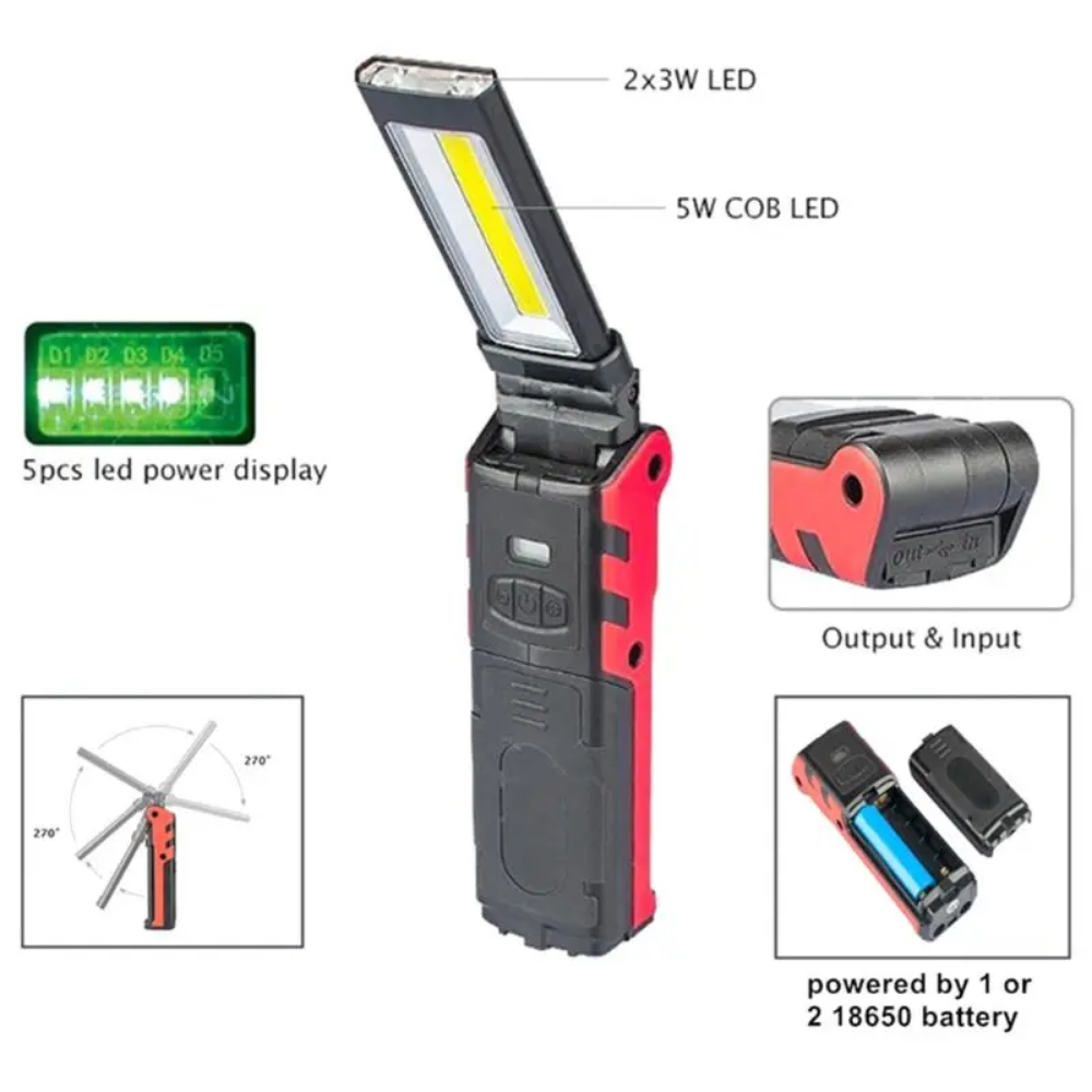 Supersterk cob-arbeidslys led-lommelykt med magnetisk krok, håndlampe med usb-oppladbar vanntett håndlampe for fiske