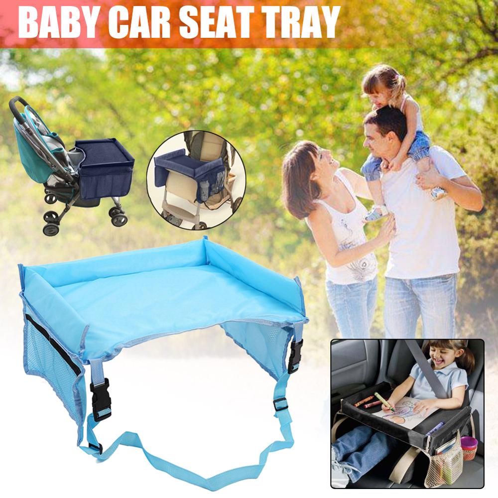 Bandeja para asiento de coche para niños y bebés, silla de bebé, mesa portátil con correa ajustable, mesa para niños, almacenamiento de alimentos, soporte para agua, escritorio