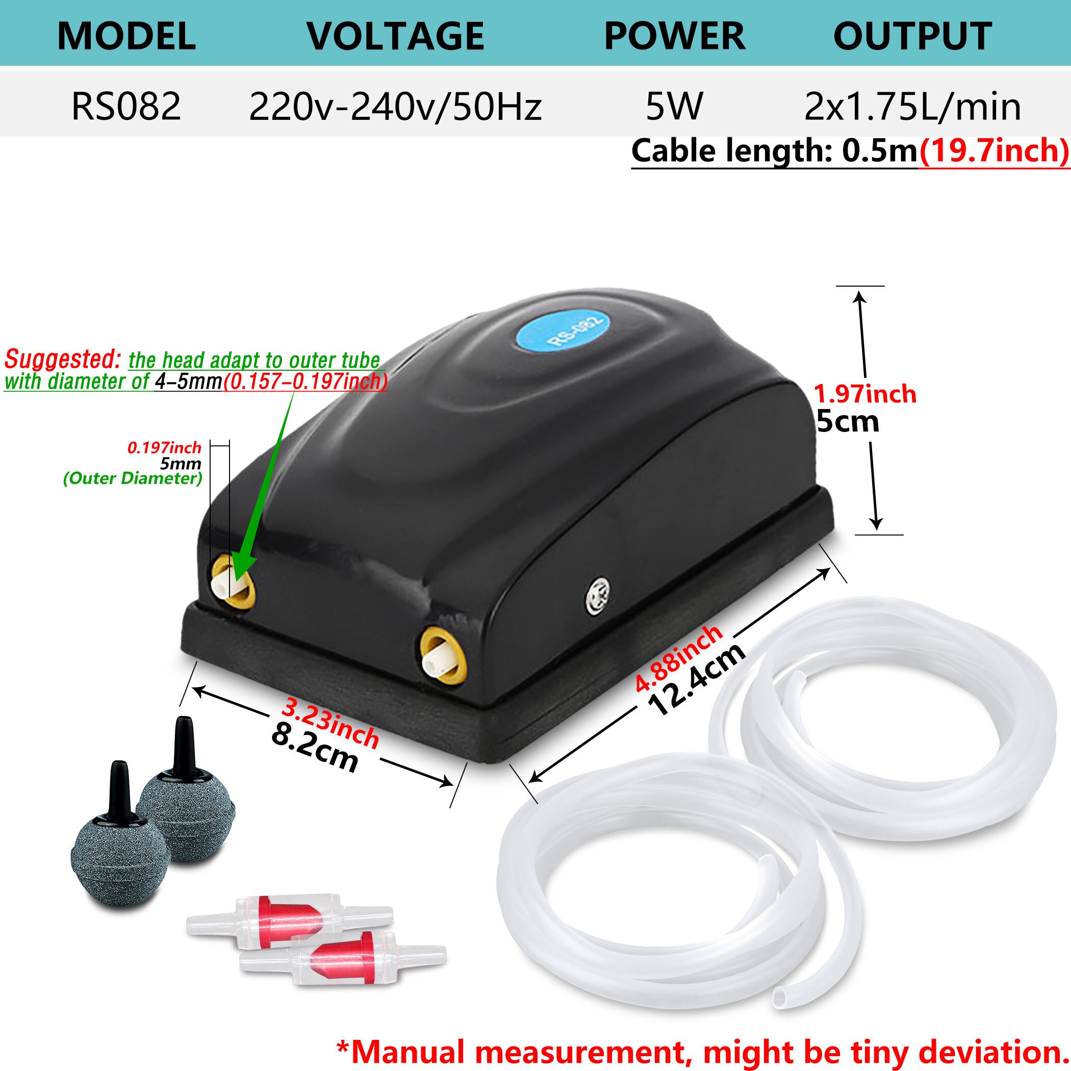 220V Small Quiet Aquarium Air Pumps Kit Fish Tank Oxygen Bubbler with Air Stones Tube Check Valves Airflow - RS1: 5W RS082 Kit / EU Plug